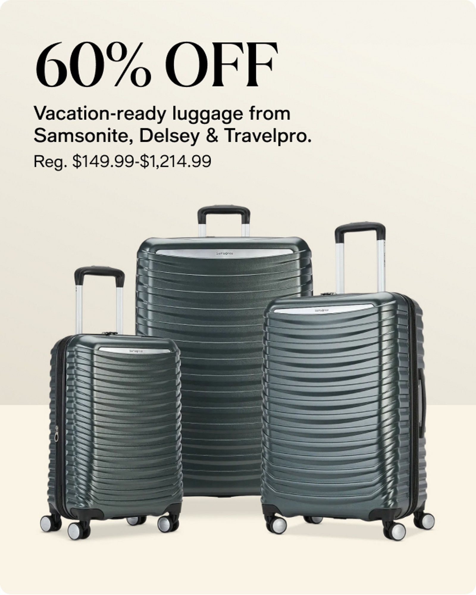 Spring Favorites Sale-offer card-our-top-deals-60% off luggage